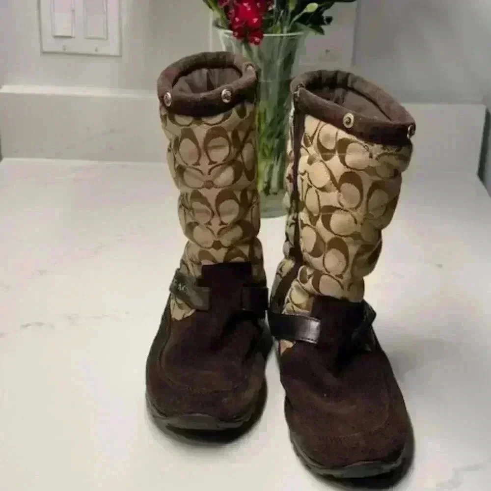 Coach Juniper Brown Suede Signature Jacquard Winter Boots Women's Size 8B